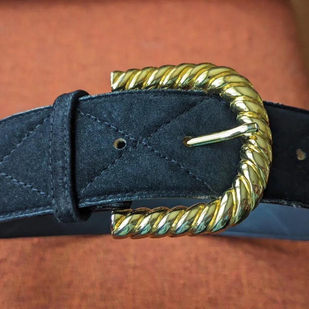 Vintage Sostanza Black Suede Quilted Belt Buckle Gold Twist Preppy Old Money 80s